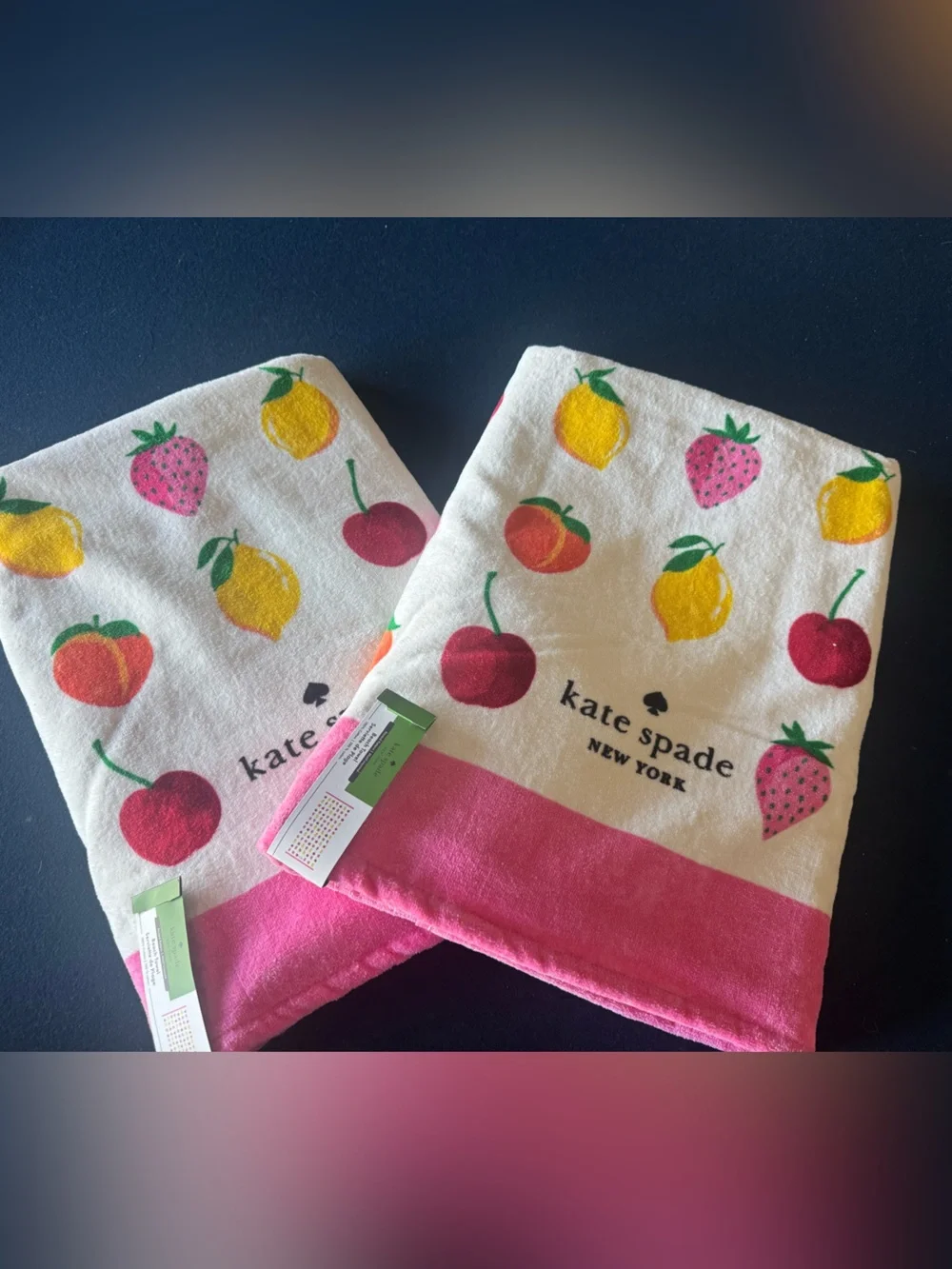 2 kate spade♠️ 72x36 summer fruit beach towels with pink trim! Super soft⛱️☀️💦